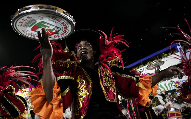 A performer from the Grande Rio samba school parades during Carnival celebrations at the Sambadrome in Rio de Janeiro, Brazil, on April 24. <em>Associated Press/Bruna Prado</em>