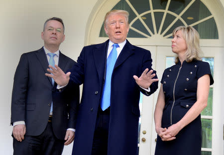 U.S. President Donald Trump speaks to the press prior to welcoming Pastor Andrew Brunson, released from Turkish detention, and his wife Jacqueline, to the Oval Office of the White House, Washington, U.S., October 13, 2018. REUTERS/Mike Theiler