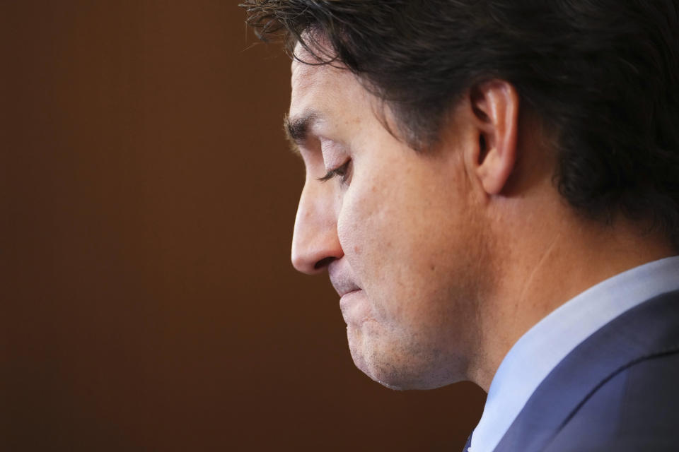 Canadian Prime Minister Justin Trudeau apologizes for the events surrounding Ukraine President Volodomyr Zelenskyy's visit at a media availability in Ottawa, Ontario, on Wednesday, Sept. 27, 2023. Trudeau apologized Wednesday for Parliament’s recognition of Yaroslav Hunka, who fought alongside the Nazis during last week’s address by Zelenskyy. (Sean Kilpatrick/The Canadian Press via AP)