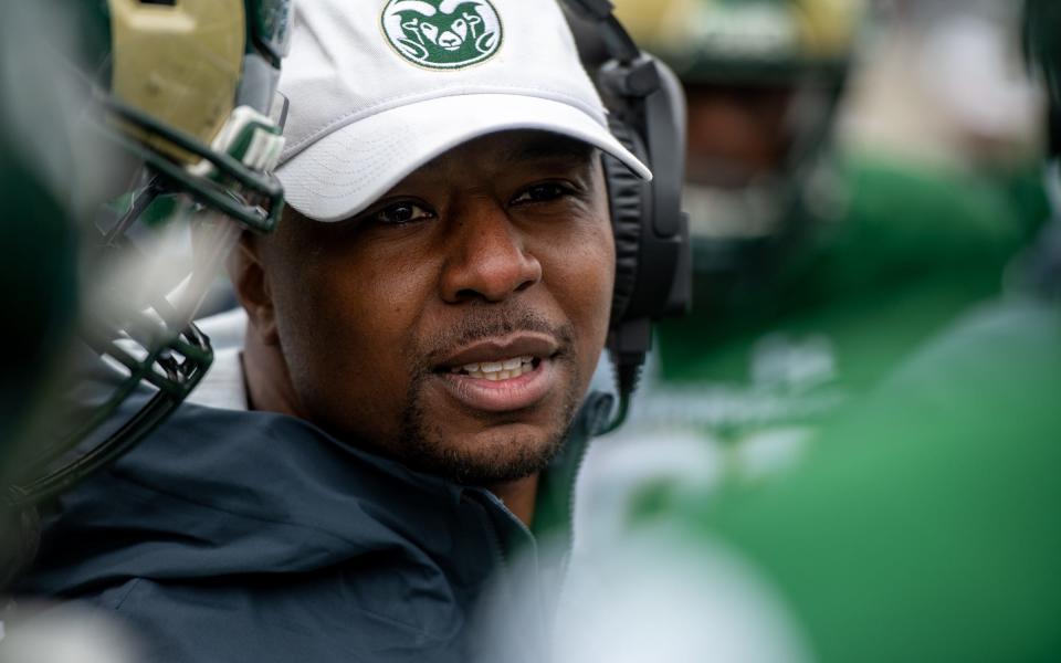 Colorado State defensive coordinator and secondary coach Freddie Banks coaches his players during a timeout at the CSU Spring Game at Canvas Stadium on April 23, 2022.