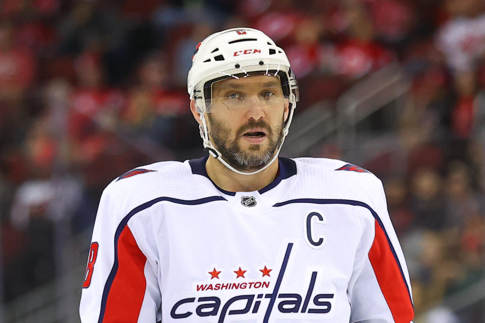 NEWARK, NJ - OCTOBER 21:  Washington Capitals left wing Alex Ovechkin (8) during the first period of the National Hockey League game between the New Jersey Devils and the Washington Capitals 0n October 21,2021 at the PrudentialCenter in Newark, NJ.  (Photo by Rich Graessle/Icon Sportswire via Getty Images)