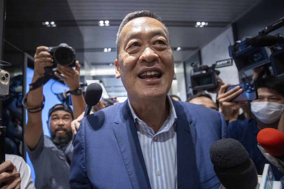 Pheu Thai's prime ministerial candidate Srettha Thavisin who is the sole candidate nominated for a parliamentary vote, speaks to media at the party headquarters in Bangkok, Thailand Tuesday, Aug. 22, 2023. (AP Photo/Wason Wanichakorn)
