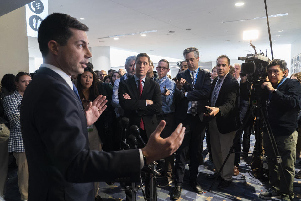 Transportation Secretary Pete Buttigieg, speaks after speaking to the Transportation Research Board in Washington, Wednesday, Jan. 11, 2023. The world's largest aircraft fleet was grounded for hours by a cascading outage in a government system that delayed or canceled thousands of flights across the U.S. on Wednesday. (AP Photo/Manuel Balce Ceneta)