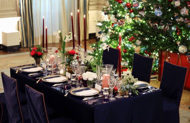 A place setting is seen during a media preview for the upcoming State Dinner for French president Macron, at the White House on 30 November 2022 in Washington, DC (Getty Images)