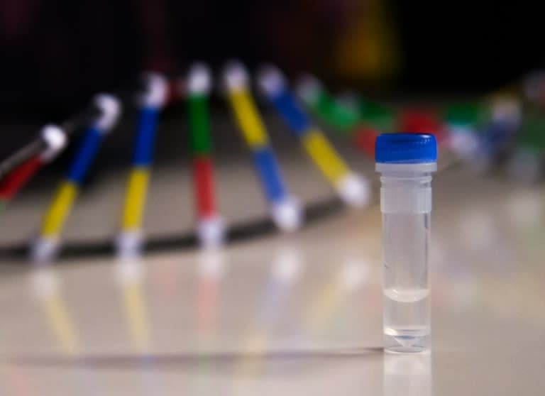 A vial containing a few droplets of water -- and one million copies of an old movie encoded onto DNA -- is displayed during a media tour at Technicolor's Sunset Boulevard studios in Hollywood