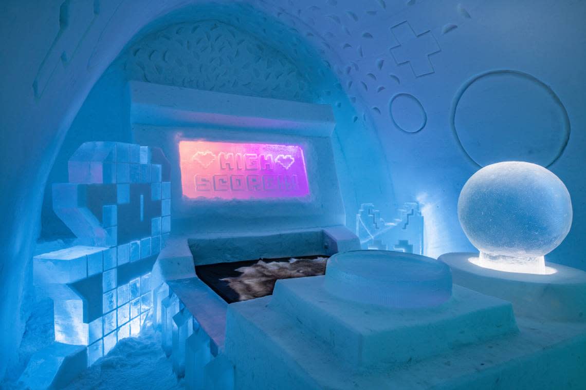 A video game themed bedroom made of ice.