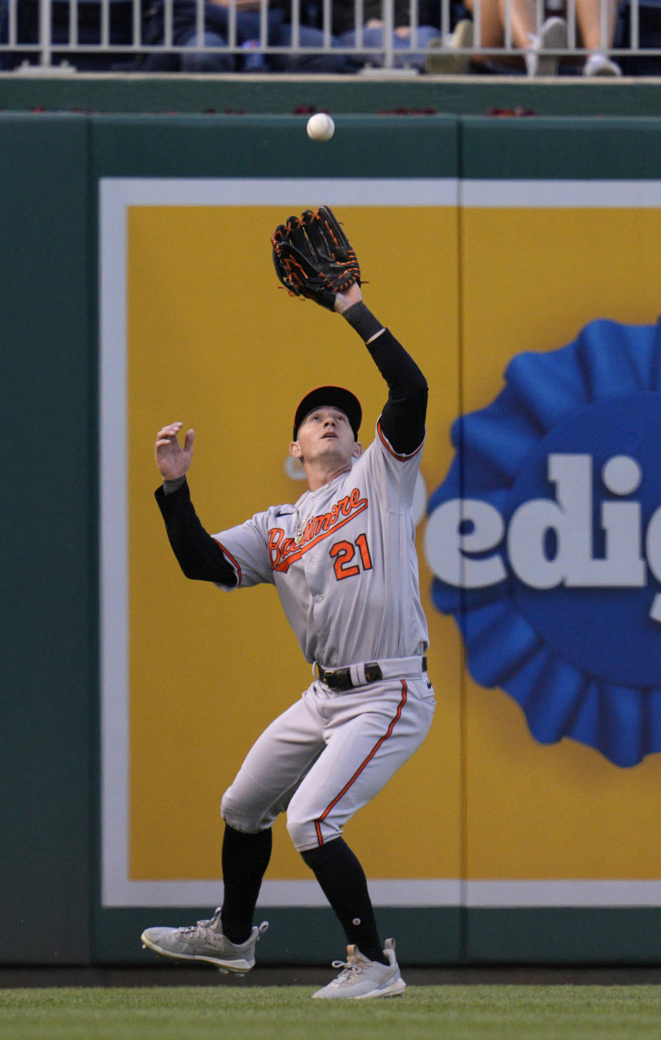 Baltimore Orioles left fielder Austin Hays catches a ball hit by Washington Nationals' Dominic Smith during the first inning of a baseball game at Nationals Park, Wednesday, April 19, 2023, in Washington. The Orioles won 4-0. (AP Photo/Jess Rapfogel)