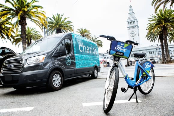 A Ford Chariot shuttle van and a Ford-branded "GoBike" urban bicycle on a city street in San Francisco