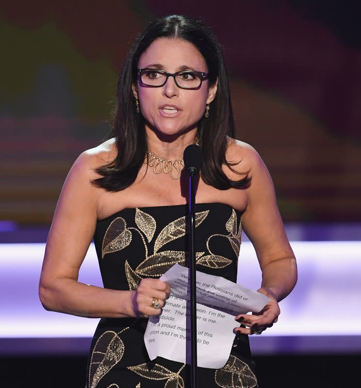 Actor Julia Louis-Dreyfus accepts Outstanding Performance by a Female Actor in a Comedy Series for <em>Veep</em> at the Screen Actors Guild Awards. (Photo: Kevin Winter/Getty Images )