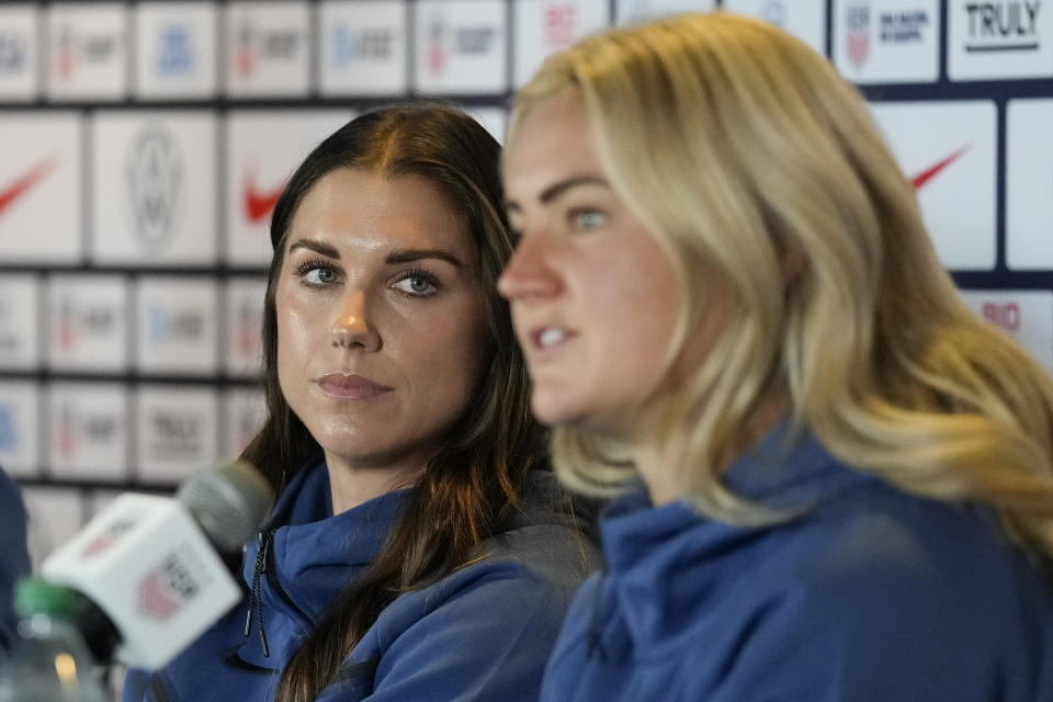 Alex Morgan, left, and Lindsey Horan speak to reporters during the 2023 Women's World Cup media day for the United States Women's National Team in Carson, Tuesday, June 27, 2023. (AP Photo/Ashley Landis)