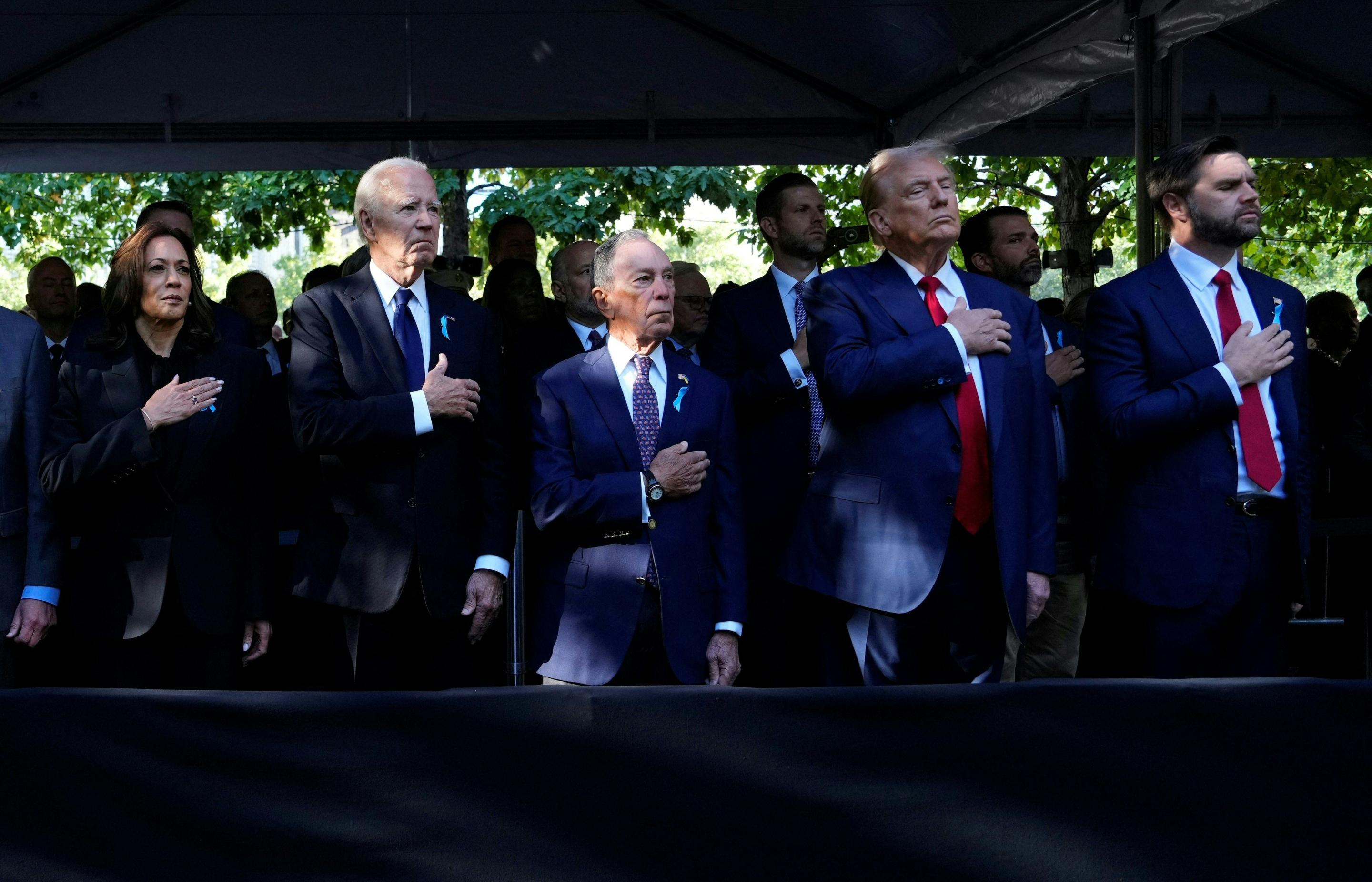 From left, Vice President Kamala Harris, President Biden, former New York City Mayor Michael Bloomberg, former President Donald Trump and Ohio Senator JD Vance attend a memorial ceremony on the 23rd anniversary of the September 11 terrorist attacks in New York City on Wednesday. 