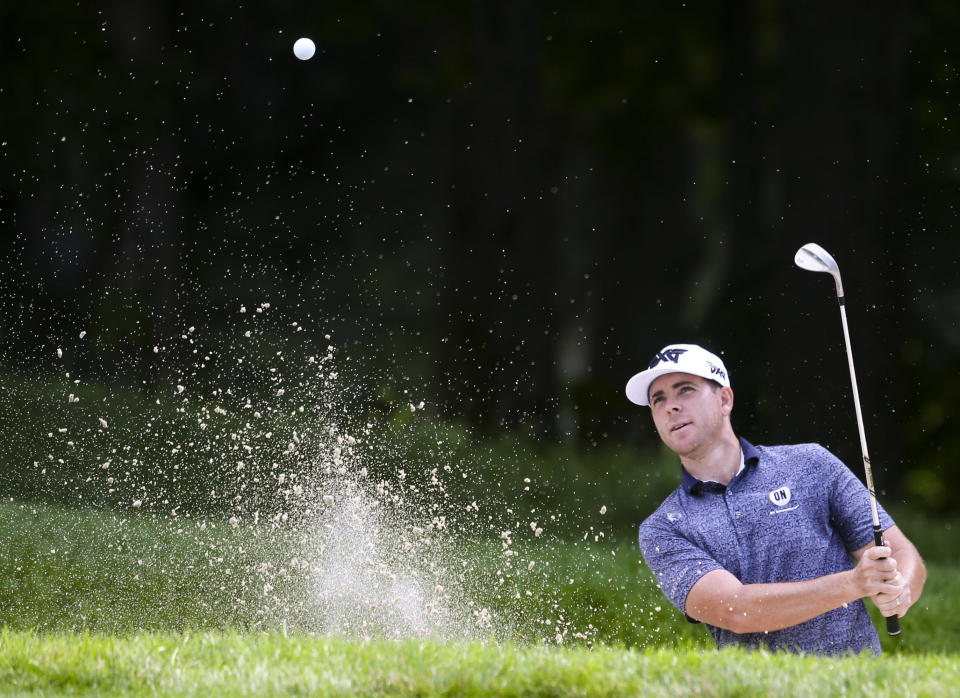 Luke List hits from a bunker on the ninth hole during the second round of the John Deere Classic golf tournament Friday, July 9, 2021, in Silvis, Ill. (Jessica Gallagher/The Dispatch – The Rock Island Argus via AP)