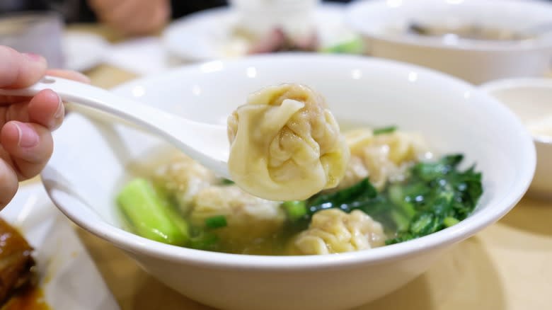 wonton in soup spoon