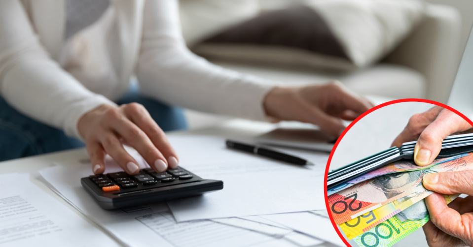 Woman using a calculator and laptop and a person taking Australian dollars out of a wallet.