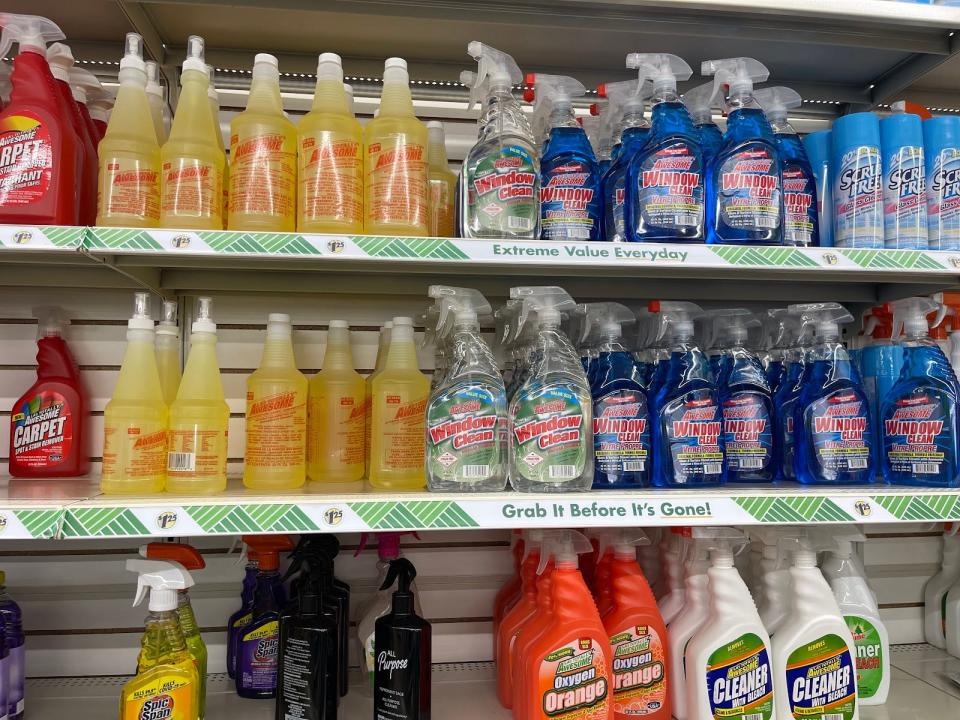 LA's Totally Awesome cleaning products on shelves at a Dollar Tree