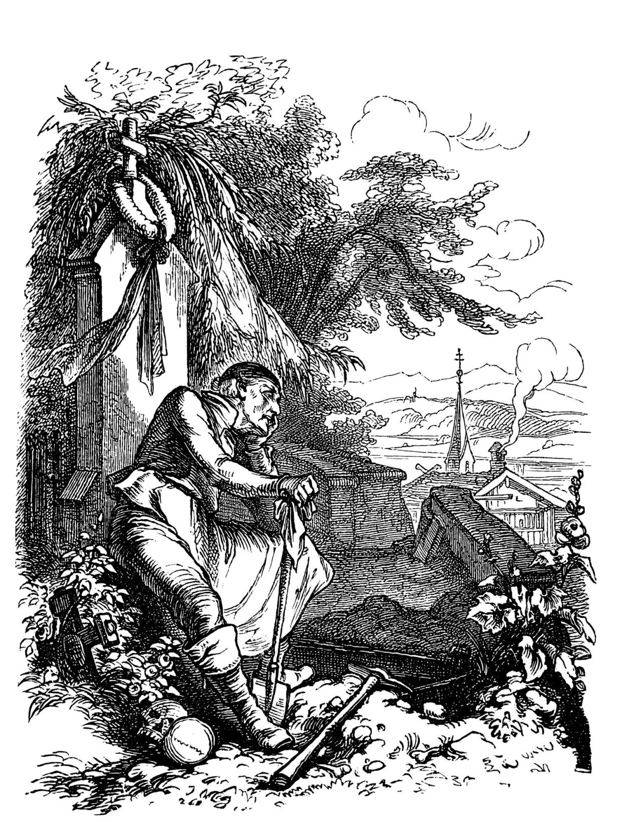 Gravedigger is sitting at the grave on the cemetery 1867