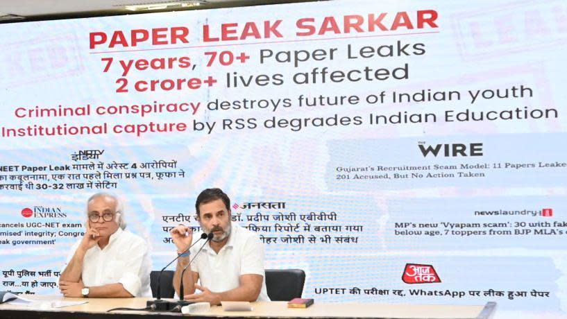 Congress leader and MP Rahul Gandhi with party spokesperson Jairam Ramesh addressing a mediaperson on the Neet exam issue at the AICC headquarters on June 20, 2024 in Delhi