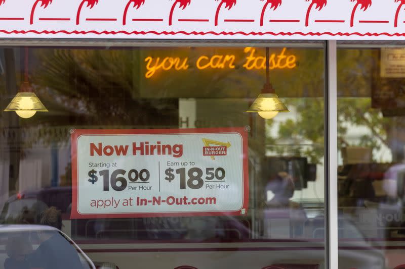 An In-N-Out Burger advertises for workers at their restaurants location in Encinitas, California