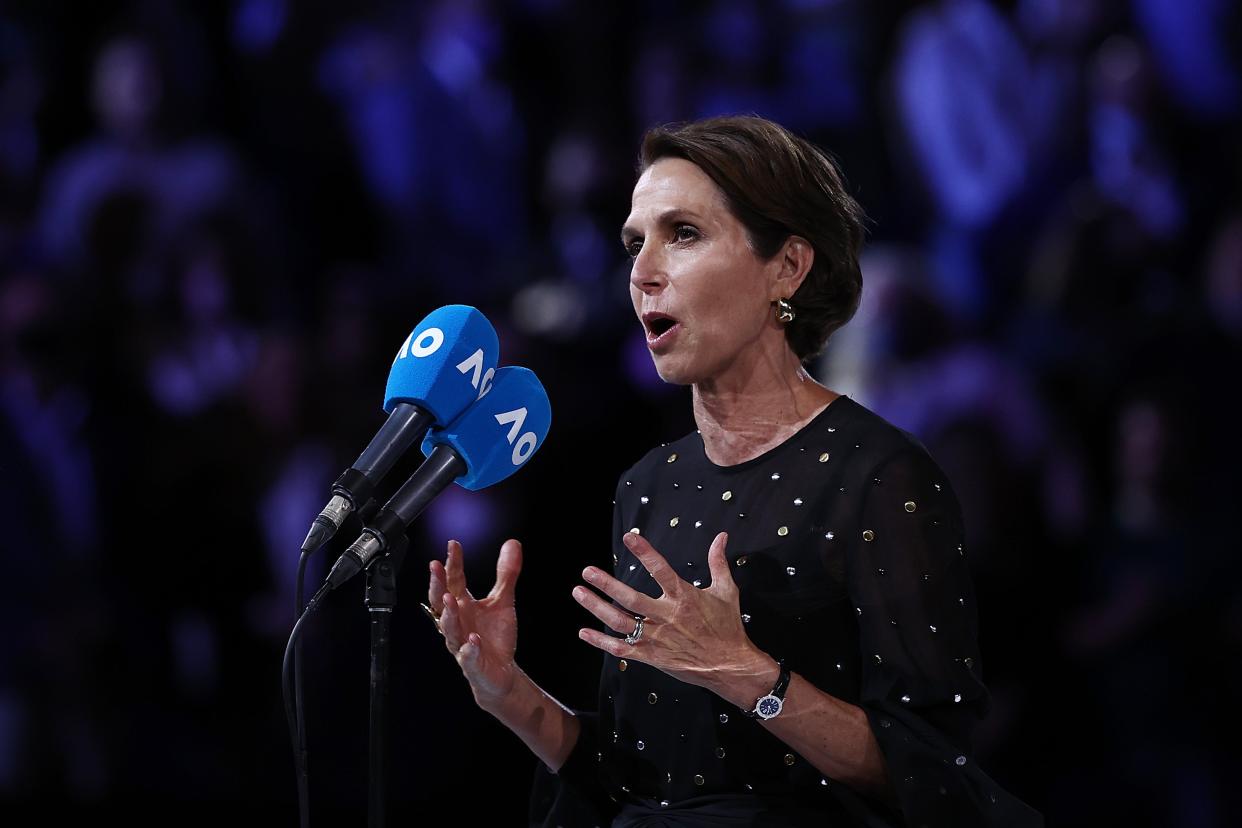 <p>Tennis Australia president Jayne Hrdlicka had to halt her speech after the crowd started booing at the mention of Covid-19 vaccines</p> (Getty Images)