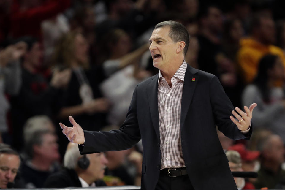 Maryland head coach Mark Turgeon reacts during the first half of an NCAA college basketball game against Notre Dame, Wednesday, Dec. 4, 2019, in College Park, Md. (AP Photo/Julio Cortez)