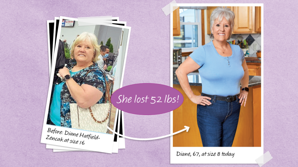 Before and after photos of Diane Hatfield-Zenack who lost 52 lbs with the help of 2 ingredient dough
