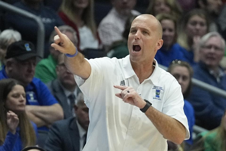 Texas A&M Corpus Christi's head coach Steve Lutz shouts during the second half of a First Four college basketball game against Southeast Missouri State in the NCAA men's basketball tournament, Tuesday, March 14, 2023, in Dayton, Ohio. (AP Photo/Darron Cummings)