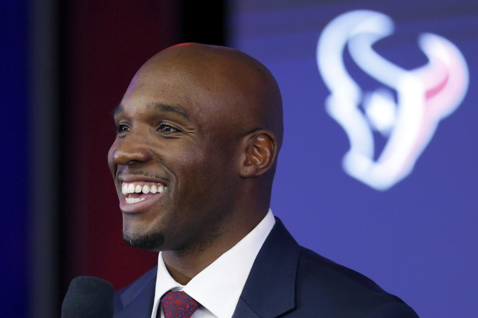 DeMeco Ryans answers questions at NRG Stadium in Houston during an NFL football news conference formally announcing him as the new head coach of the Houston Texans, Thursday, Feb. 2, 2023. (AP Photo/Michael Wyke)