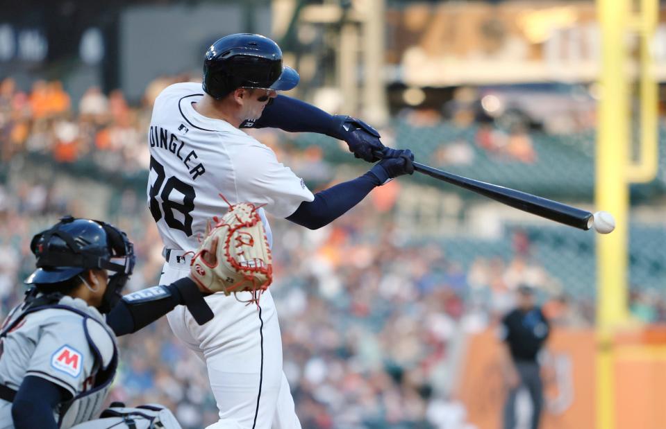 Dillon Dingler of the Detroit Tigers hits a grounder for an out against the Cleveland Guardians during the fifth inning at Comerica Park on Monday, July 29, 2024 in Detroit.