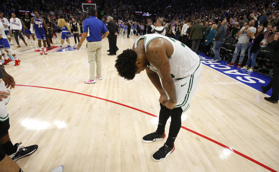 Boston Celtics guard Marcus Smart reacts after missing a shot at the buzzer in his team's loss to the Sacramento Kings in an NBA basketball game in Sacramento, Calif., Sunday, Nov. 17, 2019. (AP Photo/Rich Pedroncelli)