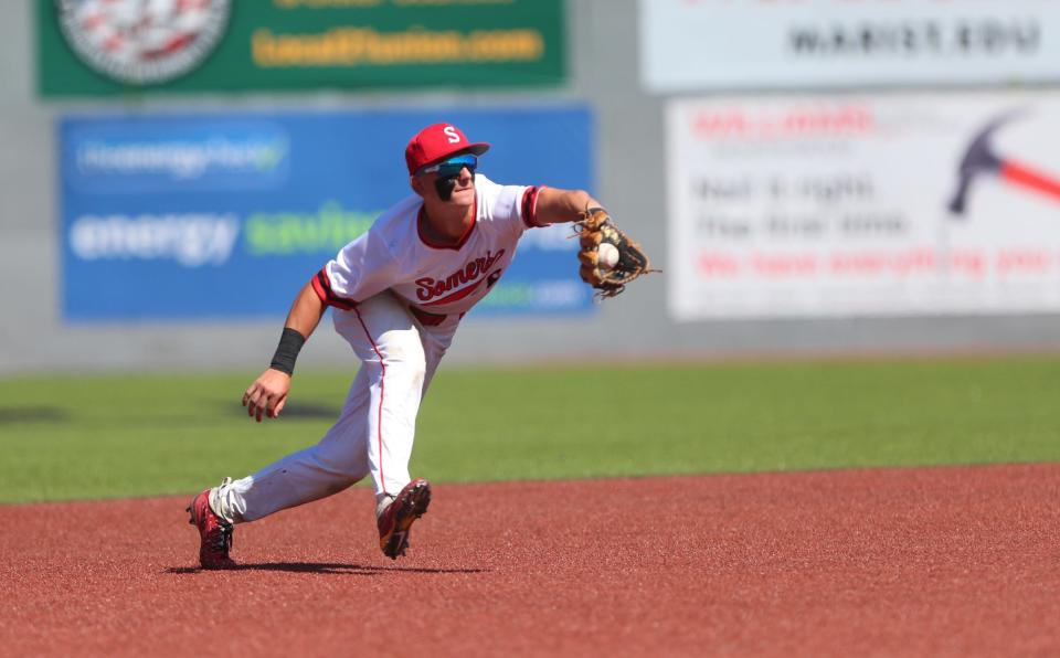 Somers shortstop Matthew Kapica (6) pulls in a ground ball during the Class A regional final baseball game against Maine-Endwell at Dutchess Stadium in Wappingers Falls, on Saturday, June 4, 2022.