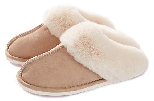 12) Womens Slipper Memory Foam Fluffy Soft Warm Slip On House Slippers,Anti-Skid Cozy Plush for Indoor Outdoor Tan 7-8
