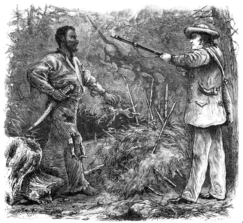 A Black man holding a knife faces a white man holding a gun.