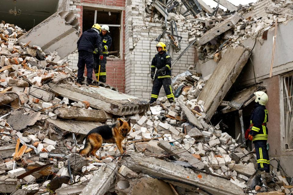 A dog stands on rubble as rescuers work at the site of a destroyed building during a Russian missile strike, amid Russia's attacks on Ukraine, in Chernihiv, Ukraine April 17, 2024. REUTERS/Valentyn Ogirenko     TPX IMAGES OF THE DAY