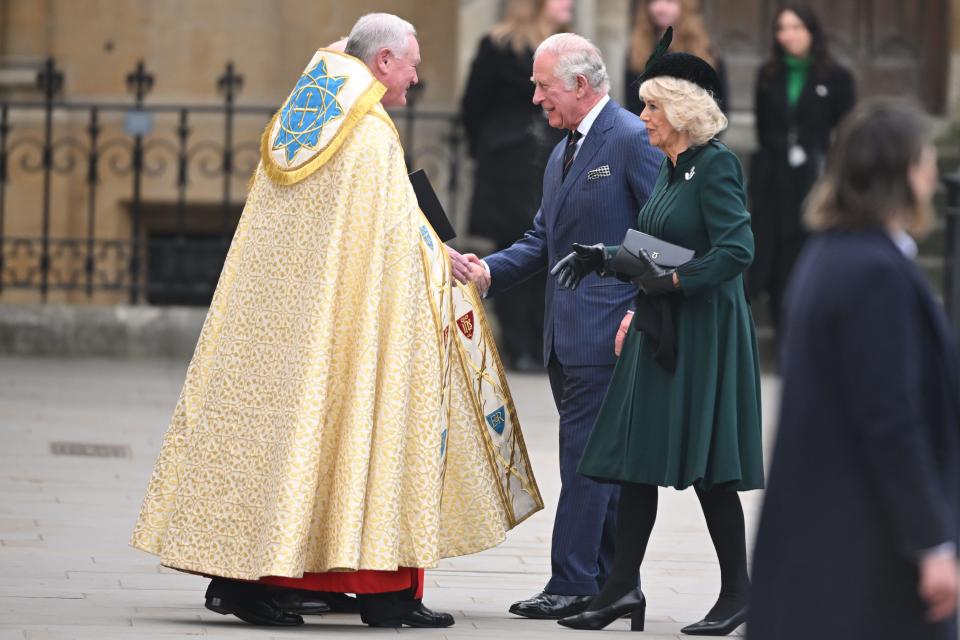 Prince Charles and Duchess Camilla of Cornwall attend the service of thanksgiving for his late father, Prince Philip Duke Of Edinburgh, at Westminster Abbey on March 29, 2022 in London.