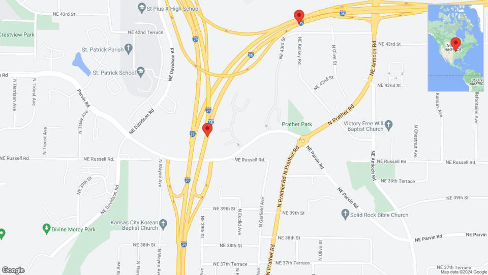 A detailed map that shows the affected road due to 'Heavy rain prompts traffic advisory on northbound I-35 North in Kansas City' on May 2nd at 5:14 p.m.