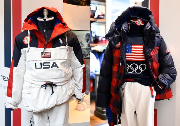 This combination of photos shows uniforms for the Team USA Beijing winter Olympics opening ceremony, left, and closing ceremony, designed by Ralph Lauren. (Photo: via Associated Press)