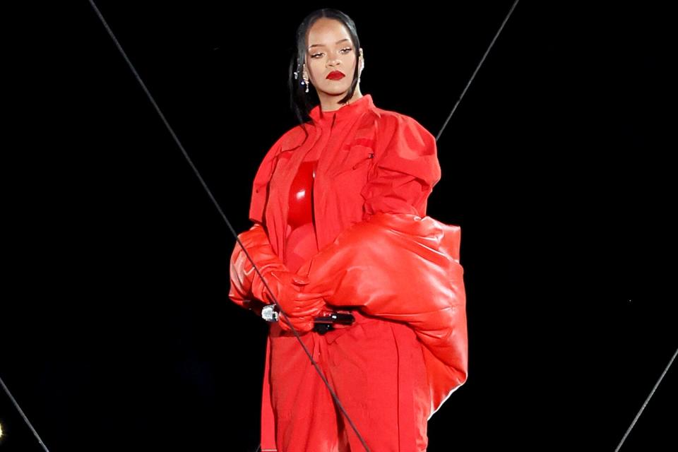 GLENDALE, ARIZONA - FEBRUARY 12: Rihanna performs onstage during the Apple Music Super Bowl LVII Halftime Show at State Farm Stadium on February 12, 2023 in Glendale, Arizona. (Photo by Mike Coppola/Getty Images)
