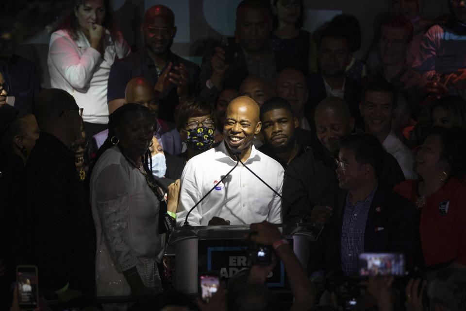 Democratic mayoral candidate Eric Adams speaks at his primary election night party Tuesday, June 22, 2021, in New York. (AP Photo/Kevin Hagen).