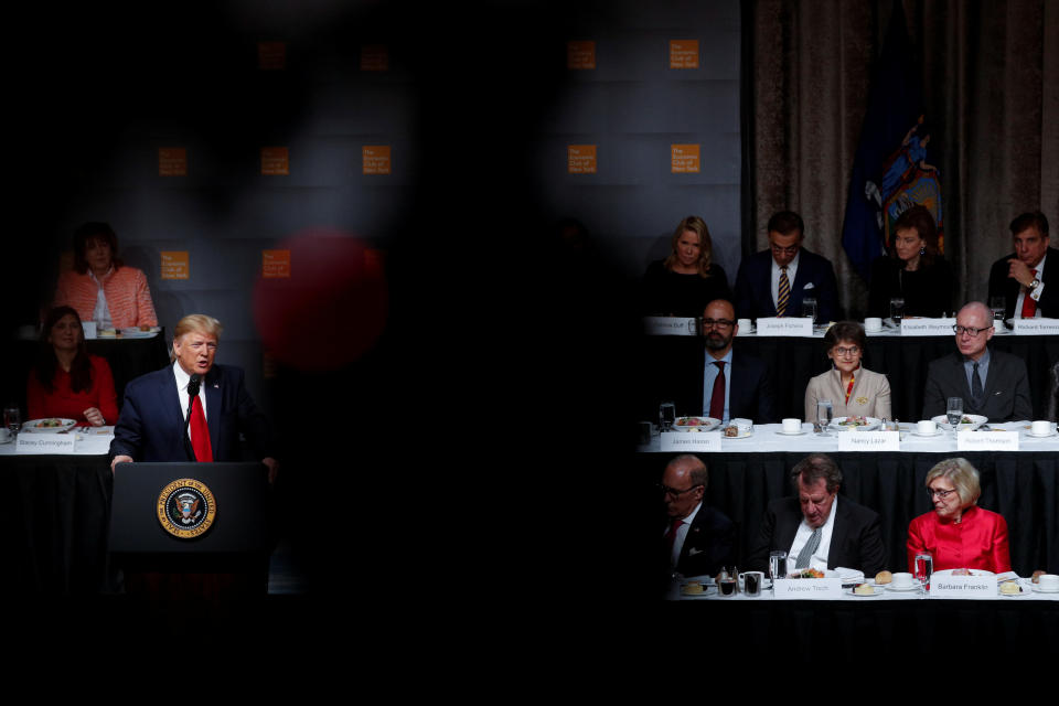 U.S. President Donald Trump delivers remarks at the Economic Club of New York at the Hilton Midtown Hotel in Manhattan, New York, U.S., November 12, 2019. REUTERS/Tom Brenner