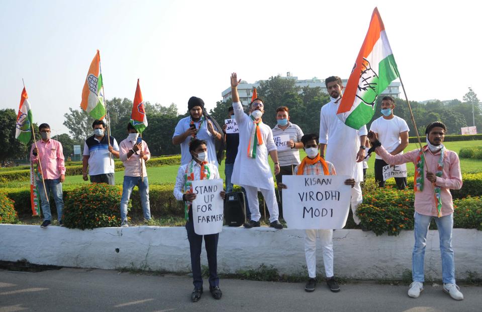 CHANDIGARH, INDIA - SEPTEMBER 27: NSUI members protesting at Matka Chowk to support farmers, on September 27, 2020 in Chandigarh, India. (Photo by Keshav Singh/Hindustan Times)