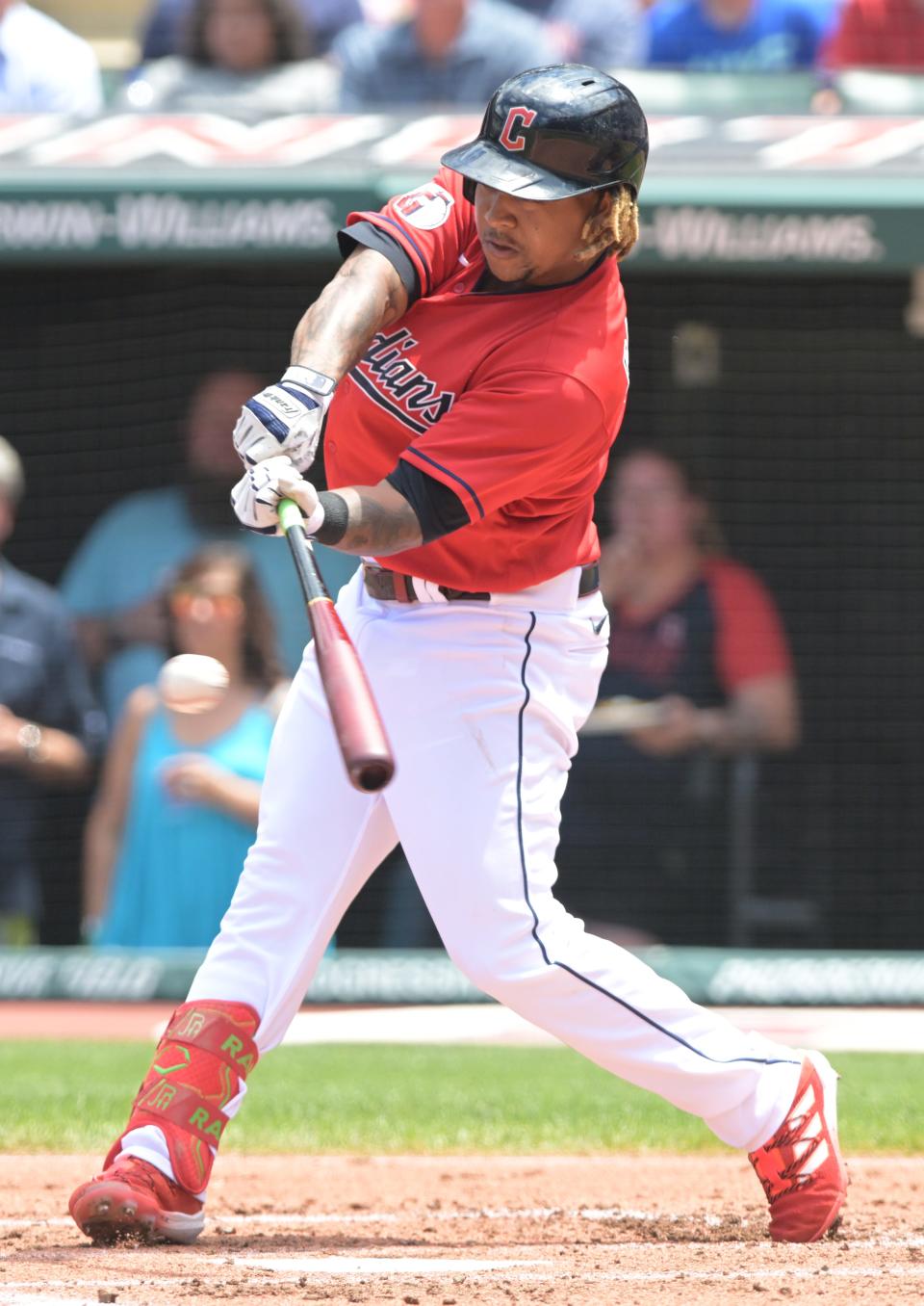 Guardians third baseman Jose Ramirez hits a single during the first inning against the Minnesota Twins, June 30, 2022, in Cleveland.