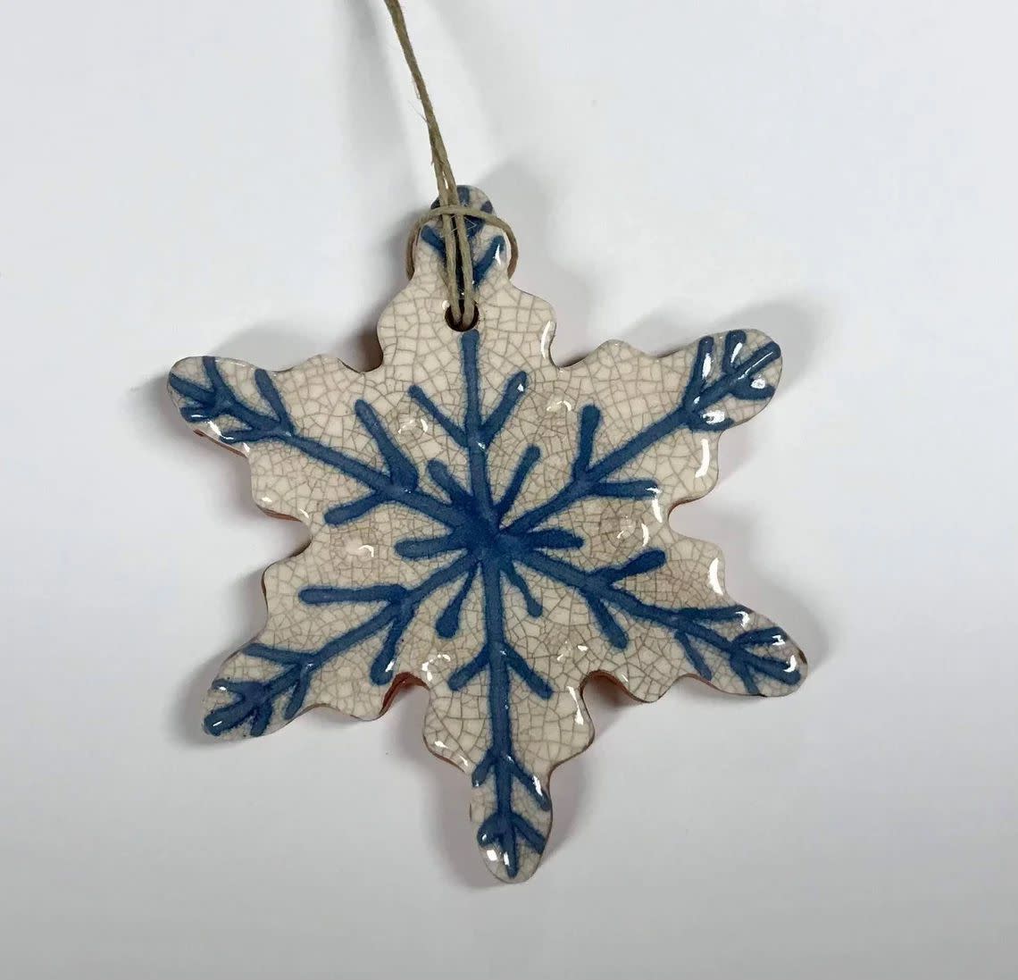 Earthenware Snowflake Ornament with blue designs