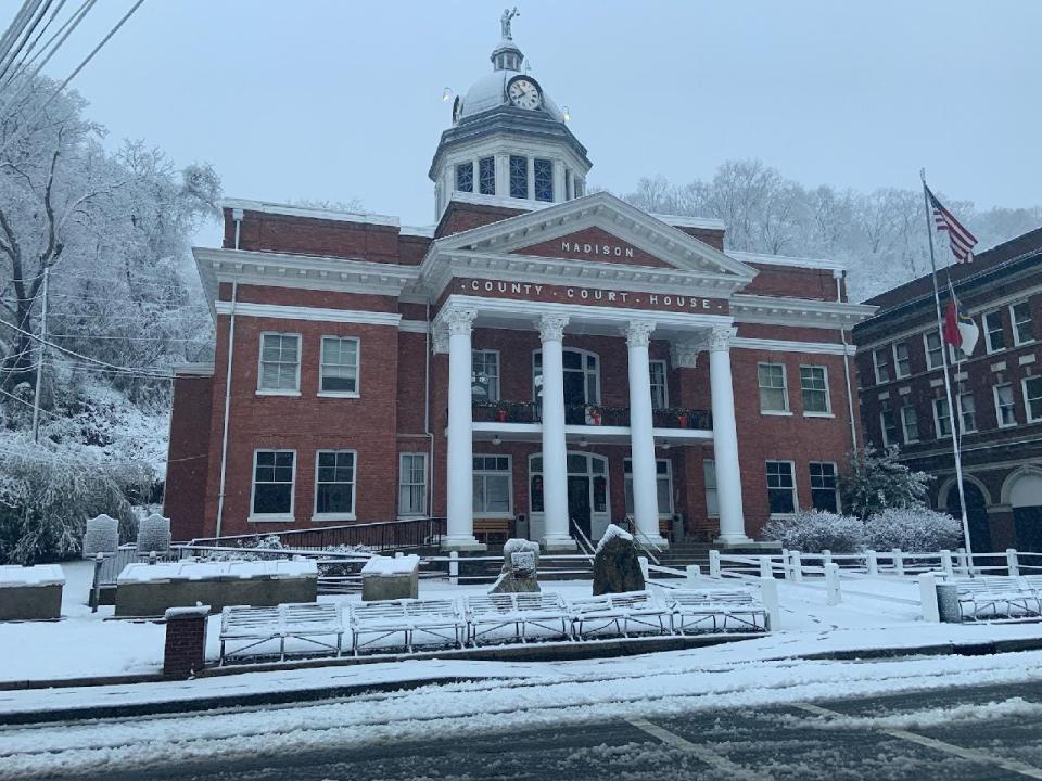 The Madison County Courthouse in Marshall is blanketed in snow Jan. 3, 2022.