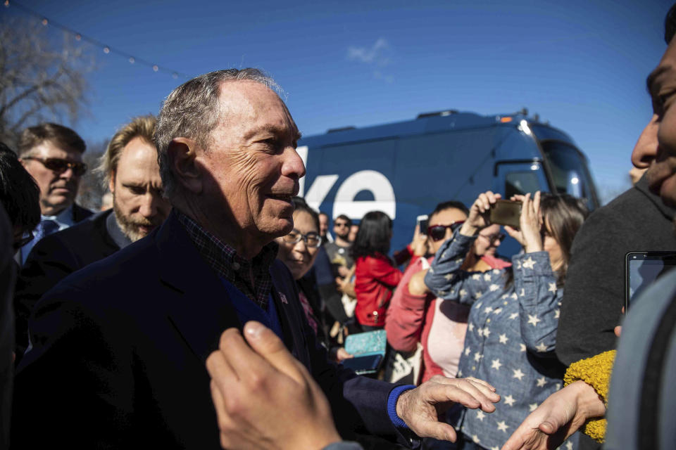 Democratic presidential candidate Michael Bloomberg greets supporters after his speech during his presidential campaign in Austin, Texas, Saturday, Jan. 11, 2020. (Lola Gomez/Austin American-Statesman via AP)