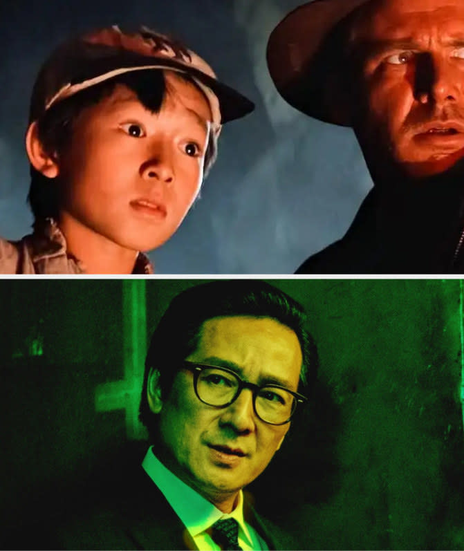 Above, a closeup of Ke Huy Quan and Harrison Ford in Indiana Jones and the Temple of Doom; below, a closeup of him as the husband of Michelle Yeoh's character in Everything Everywhere All At Once