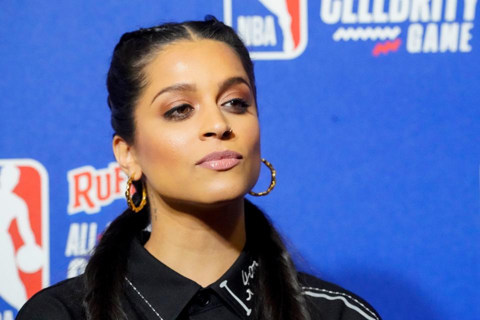Lilly Singh walks the red carpet Friday, Feb. 16, 2024, ahead of the 2024 Ruffles NBA All-Star Celebrity Game at Lucas Oil Stadium in downtown Indianapolis.