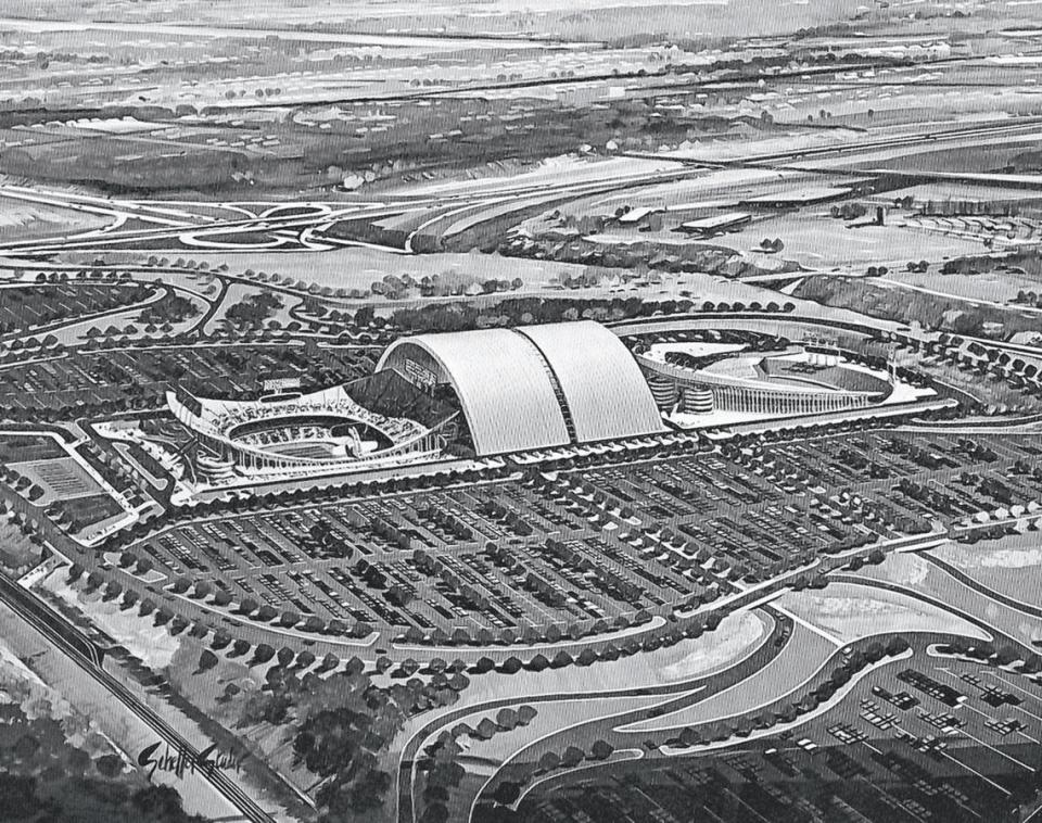 An artist’s conception shows the rolling roof sitting on the rails between the two stadiums at the Truman Sports Complex.