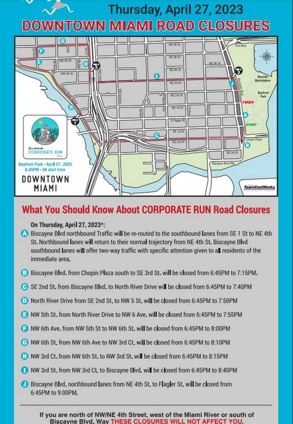 Team Footworks’ Miami road closures card for the 2023 Lexus Corporate Run on April 27, 2023.