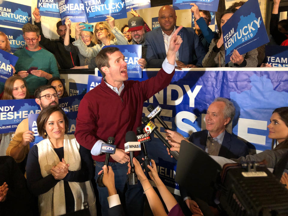 Democrat Andy Beshear speaks to supporters after a daylong tour of Kentucky on the last night of the campaign for governor, in Louisville, Kentucky, Nov. 4, 2019. Beshear traveled the state as his opponent, Republican Gov. Matt Bevin, welcomed President Donald Trump for a rally Monday night in Lexington. (Photo: ASSOCIATED PRESS)