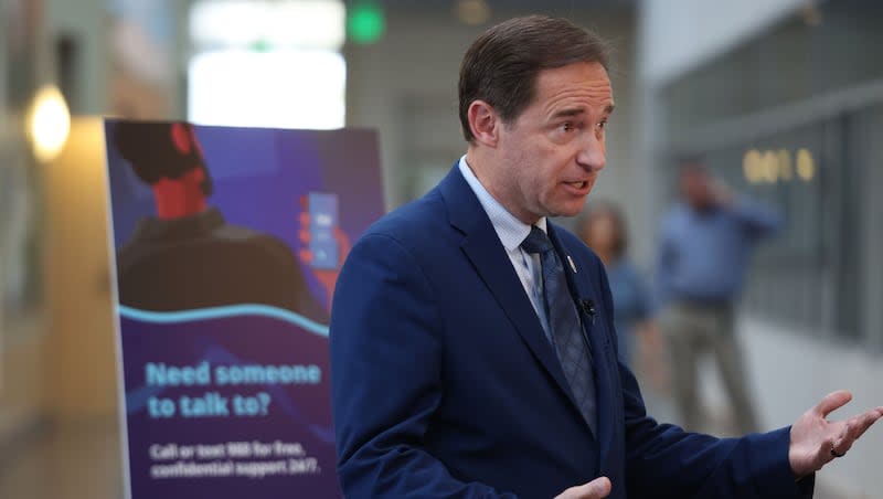 Rep. Steve Eliason, R-Sandy, speaks to a reporter ahead of National 988 Day Sunday and National Suicide Prevention Month at the Utah Department of Health and Human Services in Salt Lake City Thursday.